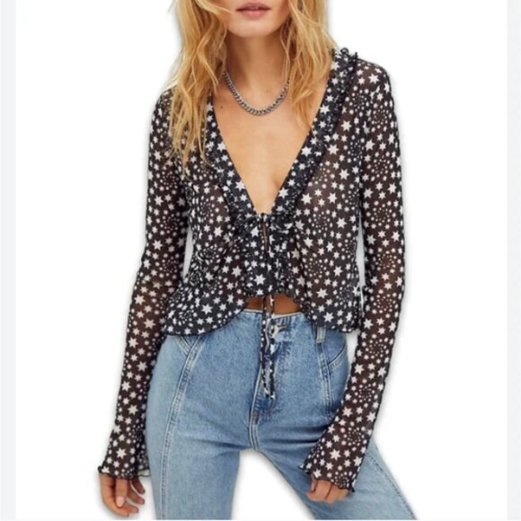 Free People Tops - Free People Marne Star Print Sheer Mesh‎ Tie Front Coquette Blouse Top Size S